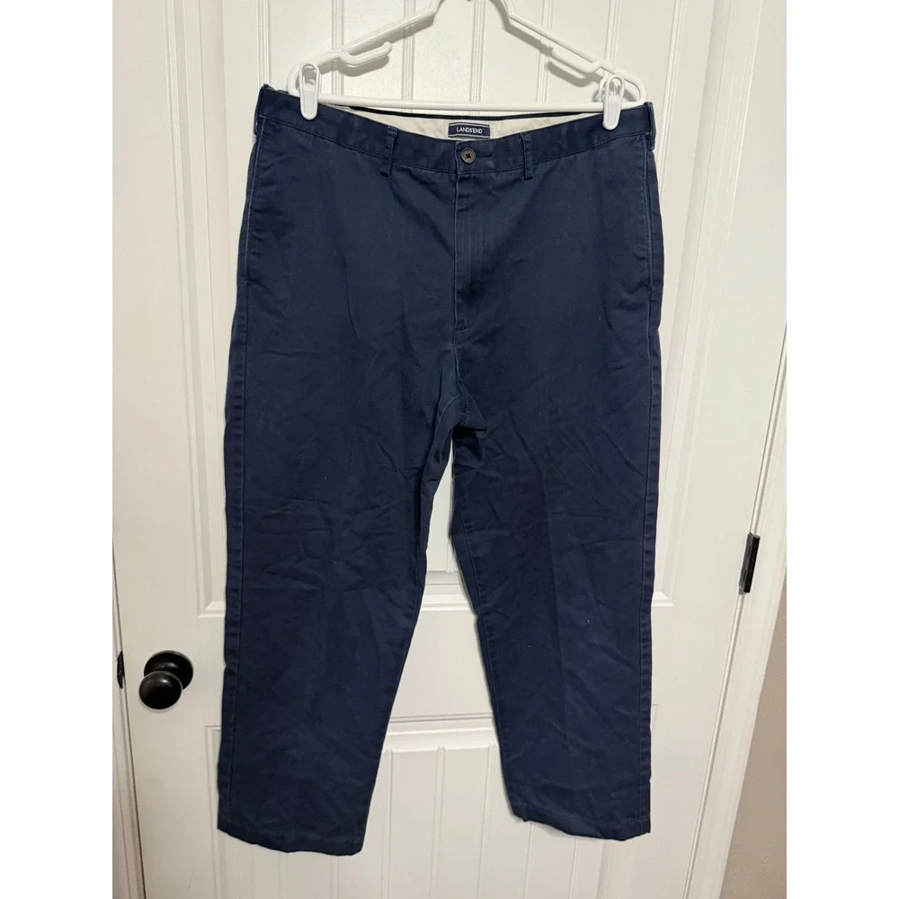 Lands End Chino Pants Mens 38 Traditional Fit Navy Blue Cotton Blend EUC